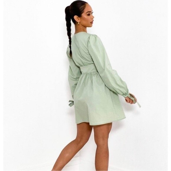 Missguided Sage Green Poplin Button Front Tie Cuff Mini Dress size 2 - Picture 4 of 6